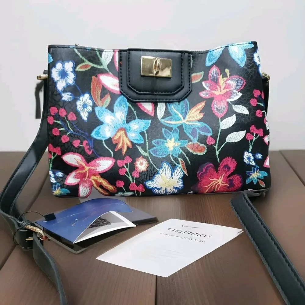 Adrienne Vittadini Crossbody Bag Botanical Black Floral Print Collection New